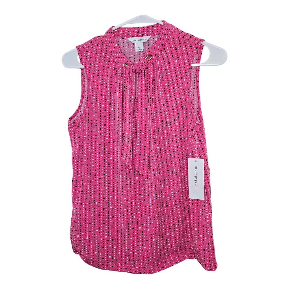 NEW Liz Claiborne Petite Split Tie Neck Sleeveless Blouse Pink Black PS